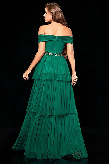 Vestido de fiesta escalonado verde oscuro con hombros descubiertos y volantes